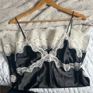 Victoria's Secret Black Satin Chemise with White Lace